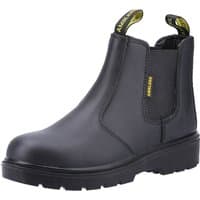 Black Amblers Safety pull-on dealer boot, slip-resistant sole, elastic side panels, and yellow pull tabs, size 9.