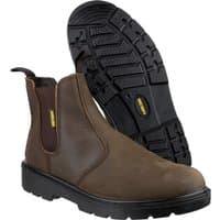 Brown leather pull-on safety dealer boots with black slip-resistant soles and elastic side panels.