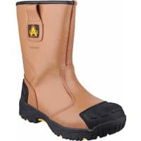 Tan waterproof pull-on safety rigger boot with black reinforced toe and heel, size 15, by Amblers Safety.