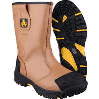 Tan Amblers Safety waterproof rigger boots, black reinforced toe and heel, rugged black and yellow sole, size 8.