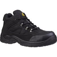Black vegan-friendly safety boots with padded ankle, metal eyelets, and slip-resistant sole.