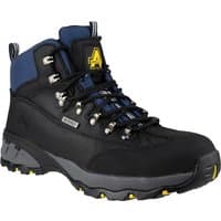 Black Amblers Safety boot, size 13, with blue accents, metal eyelets, and rugged sole by Footsure Western Limited.
