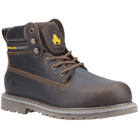 Brown leather Amblers Safety boot with steel toe, padded collar, and yellow logo, size 7.