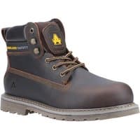 Brown leather Amblers Safety boot with steel toe, padded collar, yellow logo, and rugged sole, size 8.