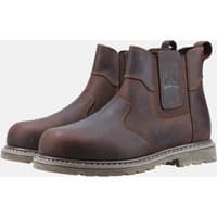 Brown leather pull-on safety boots with reinforced toe, elastic side panels, and rugged sole, size 11.