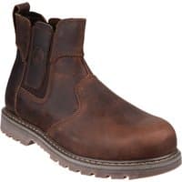 Brown leather pull-on safety boot with elastic side panels and rugged sole, size 7 by Amblers Safety.