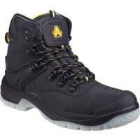 Black Amblers Safety boot, size 10.5, with yellow accents, padded collar, and rugged sole.