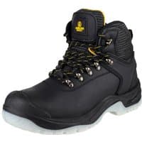 Black Amblers Safety hiker boot, size 11, with reinforced toe, padded collar, and yellow accents.