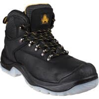 Black Amblers Safety hiker boot with yellow accents, metal eyelets, padded collar, and rugged sole, size 13.