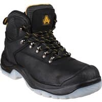 Black Amblers Safety hiker boot, size 7, with yellow accents, padded collar, and durable treaded sole.