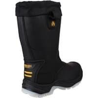 Black Amblers Safety rigger boot, water-resistant, pull-on style, with reinforced heel and yellow logo accents, size 11.