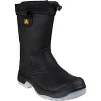 Black Amblers Safety rigger boot, water-resistant, pull-on style, with reinforced toe and white sole, size 12.