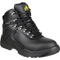 Black Amblers Safety boot, size 10, with steel toe, padded collar, and yellow logo on tongue.