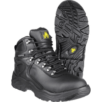 Black Amblers Safety boot, size 6, with metal eyelets, padded collar, and slip-resistant sole.