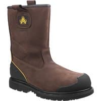 Brown leather pull-on safety boot with black reinforced toe, yellow stitching, and rugged sole.