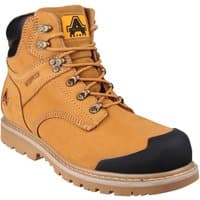Tan Amblers Safety boot, steel toe, black reinforced toe cap, padded collar, metal eyelets, rugged sole, size 10.