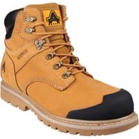 Tan leather Amblers Safety boot with black toe cap, metal eyelets, padded collar, and rugged sole, size 7.