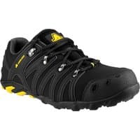Black Amblers Safety trainer with yellow accents, soft shell, lace-up design, and reinforced toe, size 5.