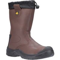 Brown Amblers Safety antistatic rigger boot with black reinforced toe, pull-on loops, and adjustable top drawstring.