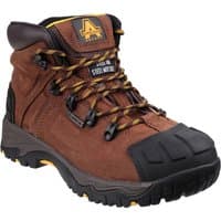 Brown Amblers Safety boot, steel toe, black reinforced toe cap, yellow and brown laces, size 9.
