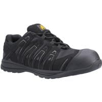 Black Amblers Safety trainers with reinforced toe, mesh panels, and lace-up design, size 10.5.