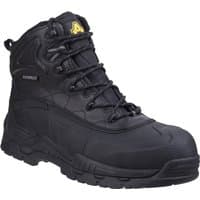 Black Amblers Safety boot, waterproof, non-metal, with reinforced toe, lace-up front, and padded ankle support.
