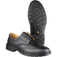 Black leather Amblers safety shoe, brogue detailing, lace-up, slip-resistant sole, size 8, tan interior lining.