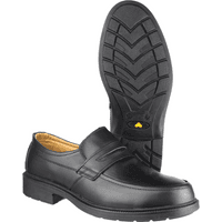 Black Amblers Safety shoe, slip-on design, with rugged treaded sole and reinforced toe, size 10.