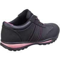 Black Amblers Safety trainer, size 4, with pink accents, padded collar, and slip-resistant sole.