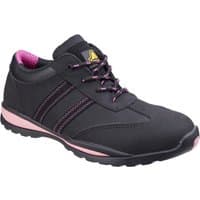 Black Amblers Safety trainer with pink accents, lace-up front, and slip-resistant sole, size 8.