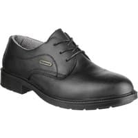 Black leather Amblers Safety Gibson shoe, lace-up design, padded collar, slip-resistant sole, size 7.
