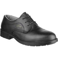 Black waterproof lace-up Gibson safety shoe with padded collar and slip-resistant sole.