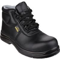 Black Amblers Safety boot, lace-up, with padded collar and yellow logo on side, size 12.