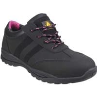 Black Amblers FS706 Sophie lace-up safety trainer with pink accents and padded collar.