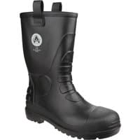 Black Amblers Safety waterproof PVC rigger boot, pull-on style, with reinforced toe and textured sole, size 12.