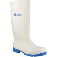 White Amblers Safety Wellington boot with steel toe, ribbed texture, and blue sole, size 6.