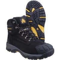 Black Amblers Safety boot size 11 with yellow accents, rugged sole, lace-up front, and reinforced toe.