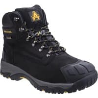 Black Amblers Safety boot, size 12, with reinforced toe, padded collar, and yellow logo on the side.