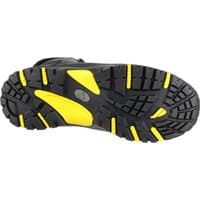 Black Amblers Safety boot with yellow accents, rugged sole, composite toe, and side zip, size 11.