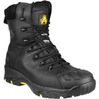 Black Amblers Safety hi-leg boot with side zip, composite toe, lace-up front, and rugged sole, size 8.