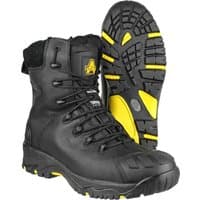 Black Amblers Safety boot with side zip, yellow tread, and composite toe, size 9.