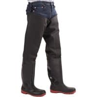 Black Amblers Safety Rhone Thigh Wader, size 12, with red soles and reinforced knee pads.
