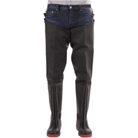 Black Amblers Safety Rhone thigh wader, size 9, with reinforced boots and adjustable straps, by Footsure Western Limited.