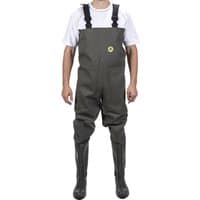 Green chest wader with black adjustable straps and boots, featuring Amblers Safety logo on the front.