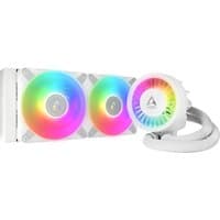 White ARCTIC Liquid Freezer III 240 A-RGB CPU cooler with dual rainbow-lit fans and flexible tubing.