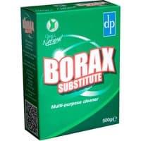 Green box of Dri Pak Borax Substitute, 500g, with red and white text and dp logo on top right corner.