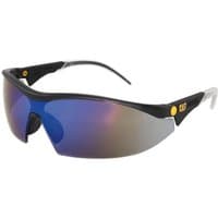 Black and blue Caterpillar protective eyewear with mirrored lenses and yellow CAT logo on the temple.