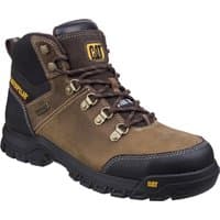 Brown Caterpillar safety boot with black sole, metal eyelets, and yellow logo on tongue and heel, size 10.