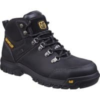 Black Caterpillar safety boot with metal eyelets, padded collar, and yellow logo accents, size 11.