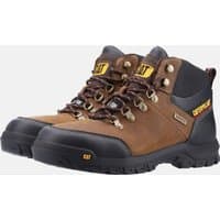 Brown Caterpillar safety boots with black soles, metal eyelets, and yellow branding, size 11, by Footsure Western Limited.